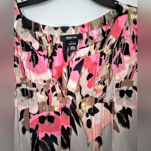 LADIES BLOUSE, LIKE PAINTED FALL PRINT GREY, ORANGE, BLACK,  SIZE L BY STYLE &CO